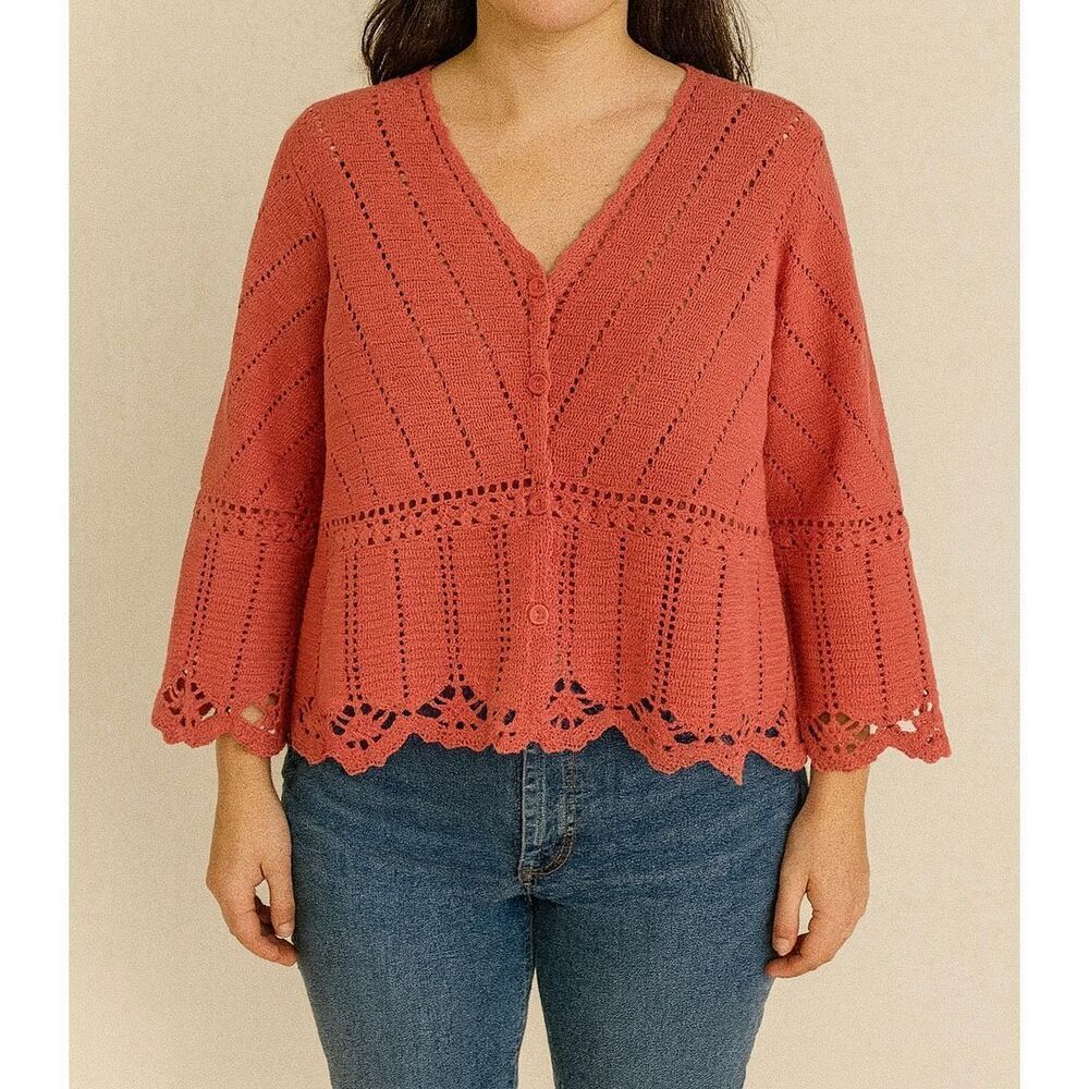 Vintage Chelsea Studio orange crochet knit cardigan sweater m